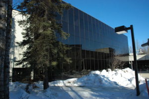 Consortium Library Exterior, architect Roland H. Lane, University of Alaska, campus, Anchorage, Alaska, USA